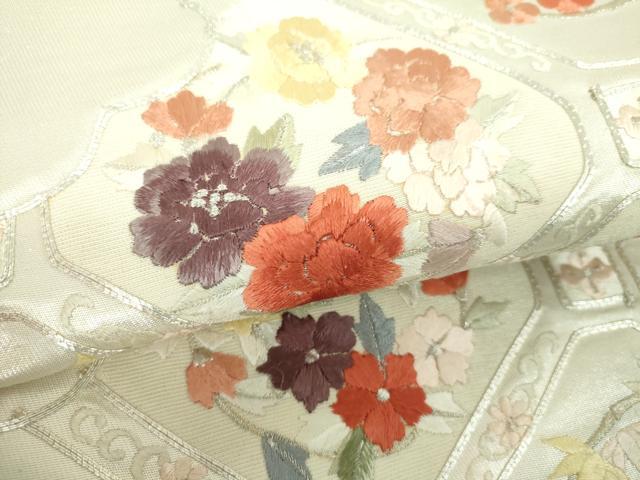 平和屋着物▼太鼓柄袋帯　駒刺繍　総刺繍　蜀江花菱文　銀糸　三越扱い　正絹　逸品　DABH9952ps