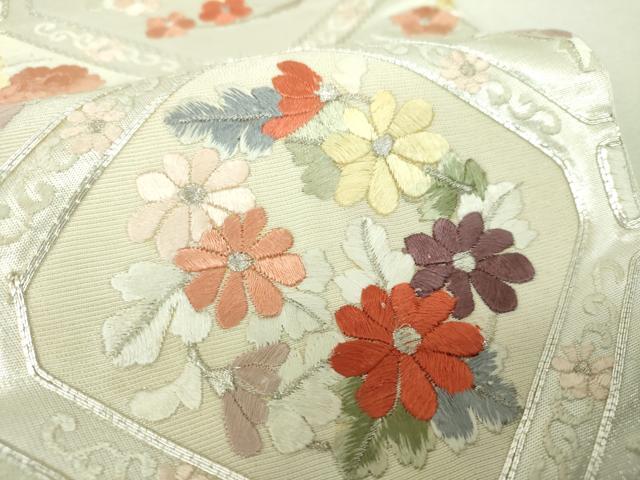 平和屋着物▼太鼓柄袋帯　駒刺繍　総刺繍　蜀江花菱文　銀糸　三越扱い　正絹　逸品　DABH9952ps