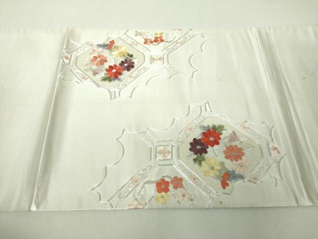 平和屋着物▼太鼓柄袋帯　駒刺繍　総刺繍　蜀江花菱文　銀糸　三越扱い　正絹　逸品　DABH9952ps