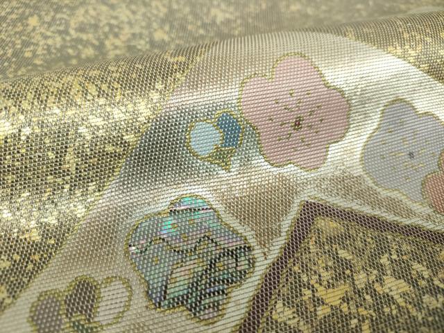 平和屋着物▼螺鈿匠　於利部寿名宝　袋帯　螺鈿箔　宝尽くし花文　金銀彩　引箔　正絹　逸品　DABH9953ps