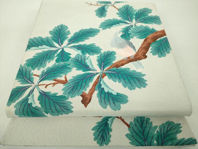平和屋着物▼綴れ　六通柄袋帯　休み鳥　枝葉文　銀糸　正絹　逸品　DABH9961ps