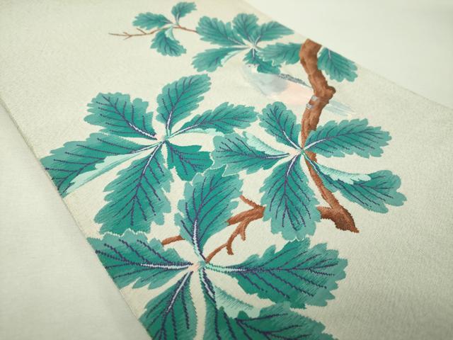 平和屋着物▼綴れ　六通柄袋帯　休み鳥　枝葉文　銀糸　正絹　逸品　DABH9961ps