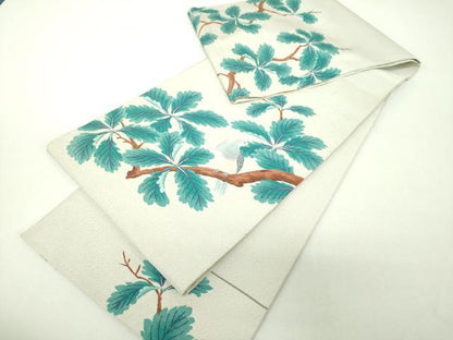 平和屋着物▼綴れ　六通柄袋帯　休み鳥　枝葉文　銀糸　正絹　逸品　DABH9961ps