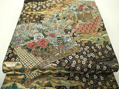 平和屋着物▼西陣　廣部商事謹製　六通柄袋帯　唐織　花車宝扇文　黒地　金糸　証紙付き　正絹　逸品　DABH9970ps