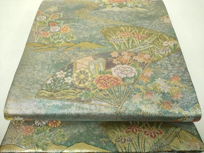 平和屋着物▼丸帯　扇面花文　金銀糸　反端付き　正絹　逸品　DABH9974ps