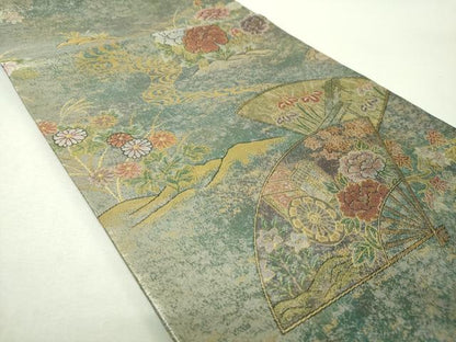 平和屋着物▼丸帯　扇面花文　金銀糸　反端付き　正絹　逸品　DABH9974ps