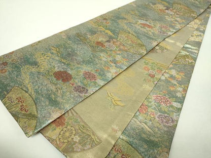 平和屋着物▼丸帯　扇面花文　金銀糸　反端付き　正絹　逸品　DABH9974ps
