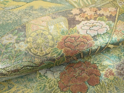 平和屋着物▼丸帯　扇面花文　金銀糸　反端付き　正絹　逸品　DABH9974ps