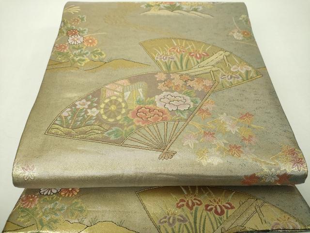 平和屋着物▼丸帯　扇面花文　金銀糸　反端付き　正絹　逸品　DABH9974ps