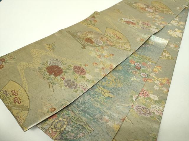 平和屋着物▼丸帯　扇面花文　金銀糸　反端付き　正絹　逸品　DABH9974ps