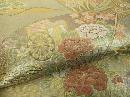 平和屋着物▼丸帯　扇面花文　金銀糸　反端付き　正絹　逸品　DABH9974ps