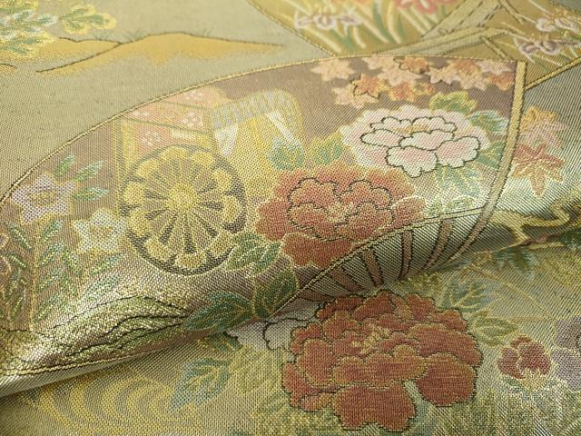 平和屋着物▼丸帯　扇面花文　金銀糸　反端付き　正絹　逸品　DABH9974ps