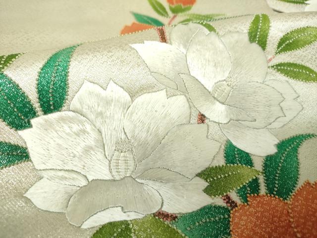平和屋着物▼中国三大刺繍　相良刺繍　九寸名古屋帯　枝花文　金銀糸　正絹　逸品　DABH9976ps