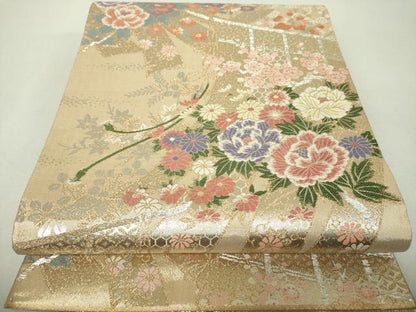 平和屋着物▼佐賀錦　両面　六通柄袋帯　几帳花文　金銀糸　正絹　逸品　DABH9984ps