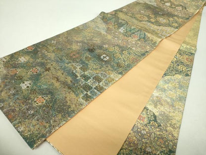 平和屋着物▼六通柄袋帯　道長正倉裂取文　金糸　引箔　正絹　逸品　未使用　DABH9999ps