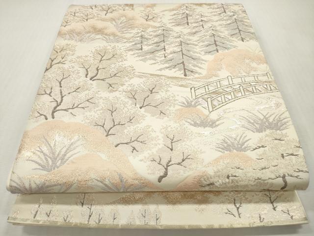 平和屋着物◎六通柄袋帯　渡橋樹林風景文　清滝　金糸　正絹　逸品　DABI0124xg