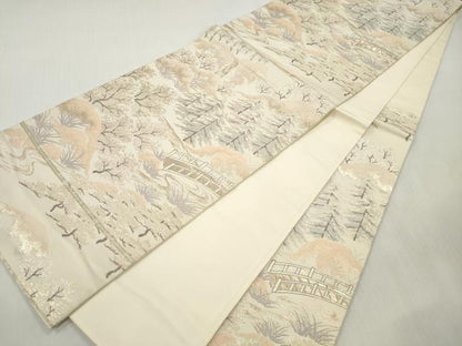 平和屋着物◎六通柄袋帯　渡橋樹林風景文　清滝　金糸　正絹　逸品　DABI0124xg