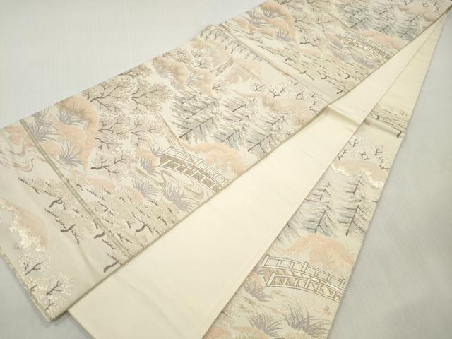 平和屋着物◎六通柄袋帯　渡橋樹林風景文　清滝　金糸　正絹　逸品　DABI0124xg