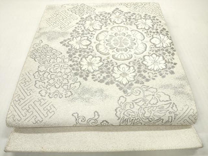 平和屋着物◎綴れ　太鼓柄袋帯　唐織　桃山藤華文　プラチナ　正絹　逸品　DABI0142xg