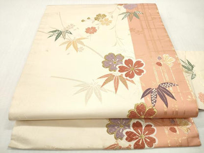 平和屋着物◎九寸名古屋帯　唐織　草花文　金糸　正絹　逸品　DABI0148xg