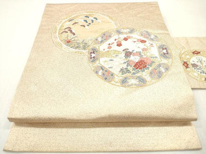 平和屋着物◎九寸名古屋帯　唐織　絵皿草花文　金糸　正絹　逸品　DABI0149xg