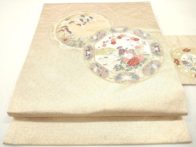 平和屋着物◎九寸名古屋帯　唐織　絵皿草花文　金糸　正絹　逸品　DABI0149xg
