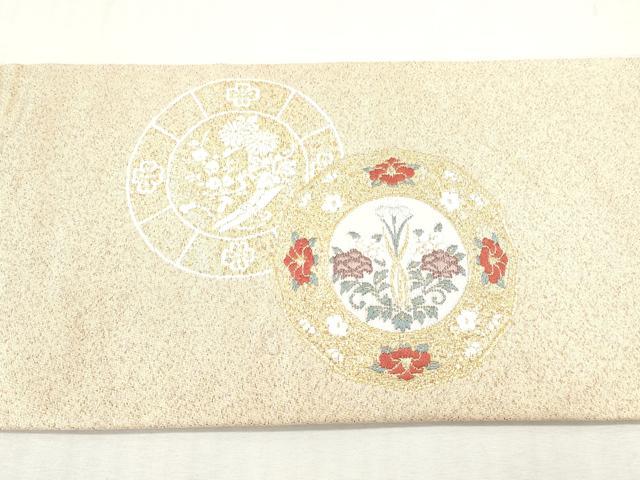 平和屋着物◎九寸名古屋帯　唐織　絵皿草花文　金糸　正絹　逸品　DABI0149xg