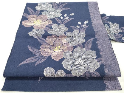 平和屋着物◎八寸名古屋帯　紬地　草花文　正絹　逸品　DABI0151xg