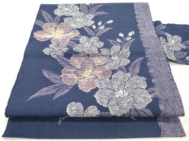 平和屋着物◎八寸名古屋帯　紬地　草花文　正絹　逸品　DABI0151xg