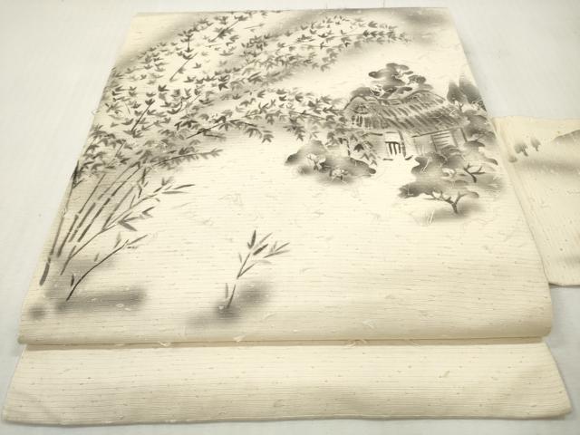 平和屋着物◎九寸名古屋帯　作家物　手描き　髭紬　風景文　正絹　逸品　DABI0152xg