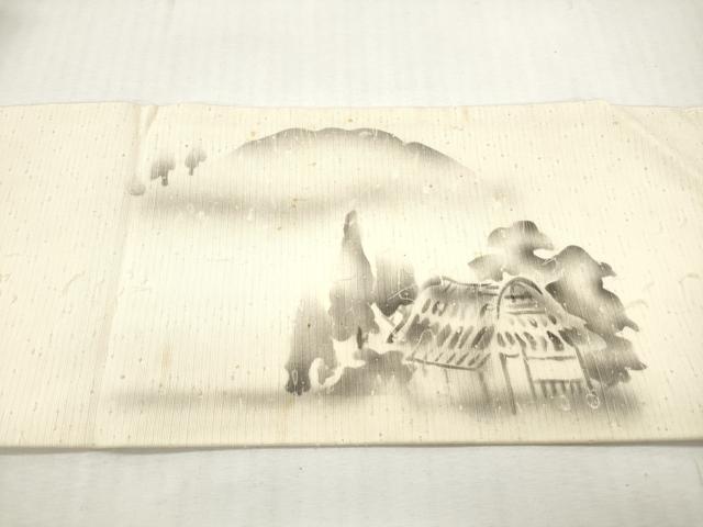 平和屋着物◎九寸名古屋帯　作家物　手描き　髭紬　風景文　正絹　逸品　DABI0152xg