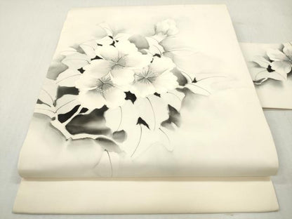 平和屋着物◎塩瀬　九寸名古屋帯　作家物　手描き　草花文　正絹　逸品　DABI0153xg