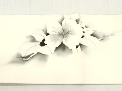 平和屋着物◎塩瀬　九寸名古屋帯　作家物　手描き　草花文　正絹　逸品　DABI0153xg