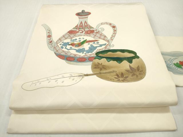平和屋着物◎九寸名古屋帯　陶器花鳥文　金彩　正絹　逸品　DABI0155xg
