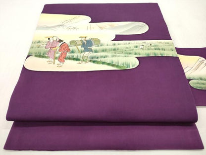 平和屋着物◎塩瀬　九寸名古屋帯　人物風景文　正絹　逸品　DABI0157xg