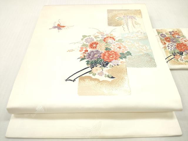 平和屋着物◎九寸名古屋帯　唐織　短冊重ね花蝶文　金糸　正絹　逸品　DABI0158xg