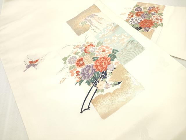 平和屋着物◎九寸名古屋帯　唐織　短冊重ね花蝶文　金糸　正絹　逸品　DABI0158xg