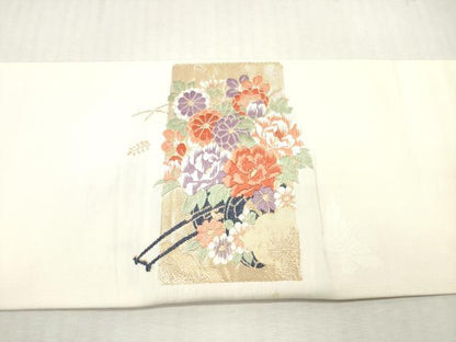 平和屋着物◎九寸名古屋帯　唐織　短冊重ね花蝶文　金糸　正絹　逸品　DABI0158xg