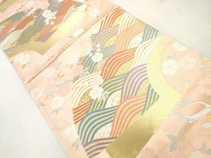 平和屋着物◎六通柄袋帯　唐織　地紙重ね立波花文　金銀糸　正絹　逸品　DABI0163xg