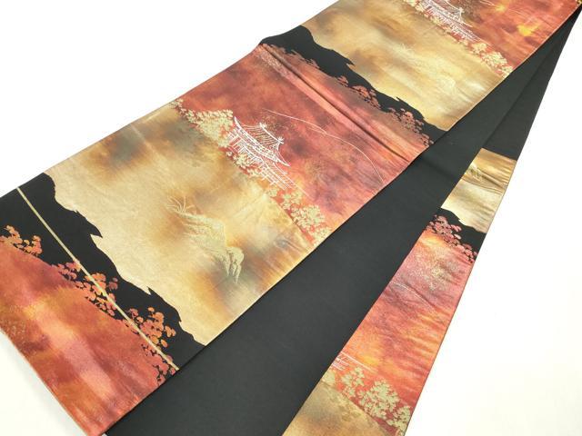 平和屋着物◎六通柄袋帯　風景文　黒地　金銀糸　引箔　正絹　逸品　DABI0367xg
