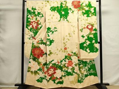 平和屋着物■豪華振袖　駒刺繍　草花文　枝梅　牡丹　金彩　正絹　逸品　DABI0528cd