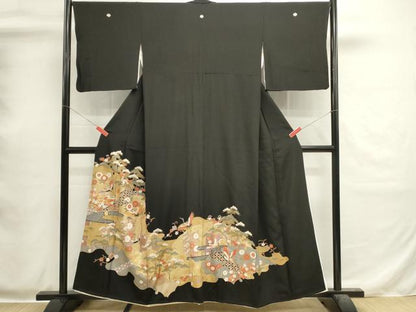 平和屋着物■豪華黒留袖　駒刺繍　飛鶴花文　金彩　正絹　逸品　DABI0537cd