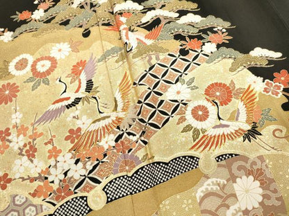 平和屋着物■豪華黒留袖　駒刺繍　飛鶴花文　金彩　正絹　逸品　DABI0537cd