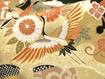 平和屋着物■豪華黒留袖　駒刺繍　飛鶴花文　金彩　正絹　逸品　DABI0537cd