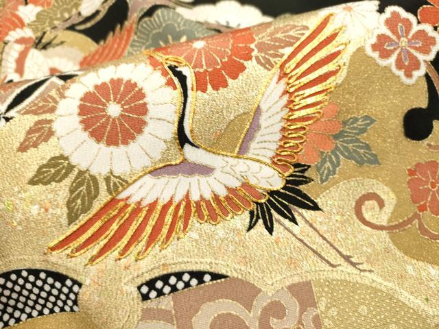平和屋着物■豪華黒留袖　駒刺繍　飛鶴花文　金彩　正絹　逸品　DABI0537cd