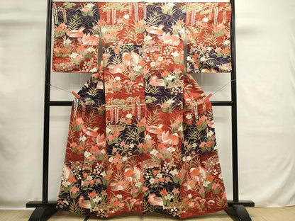 平和屋着物■上質な小紋　流水鴛鴦花文　暈し染め　金彩　正絹　逸品　DABI0552cd