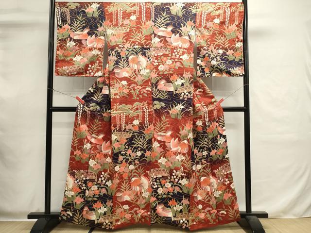 平和屋着物■上質な小紋　流水鴛鴦花文　暈し染め　金彩　正絹　逸品　DABI0552cd