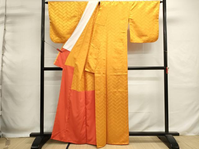 平和屋着物■色無地　檜垣地紋　金茶色　胴抜き仕立て　洗える着物　DABI0574cd