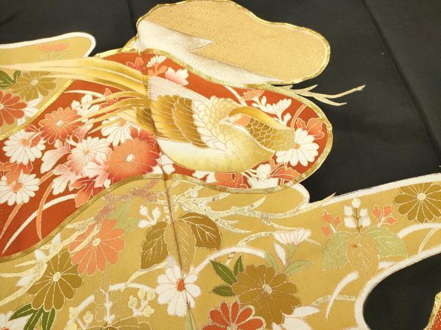 平和屋着物□豪華黒留袖 駒刺繍 尾長鳥花文 金彩 正絹 逸品