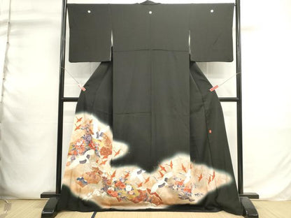 平和屋着物■豪華黒留袖　作家物　地紙飛鶴花文　宝尽くし　暈し染め　金彩　ロング丈　正絹　逸品　DABI0614cd